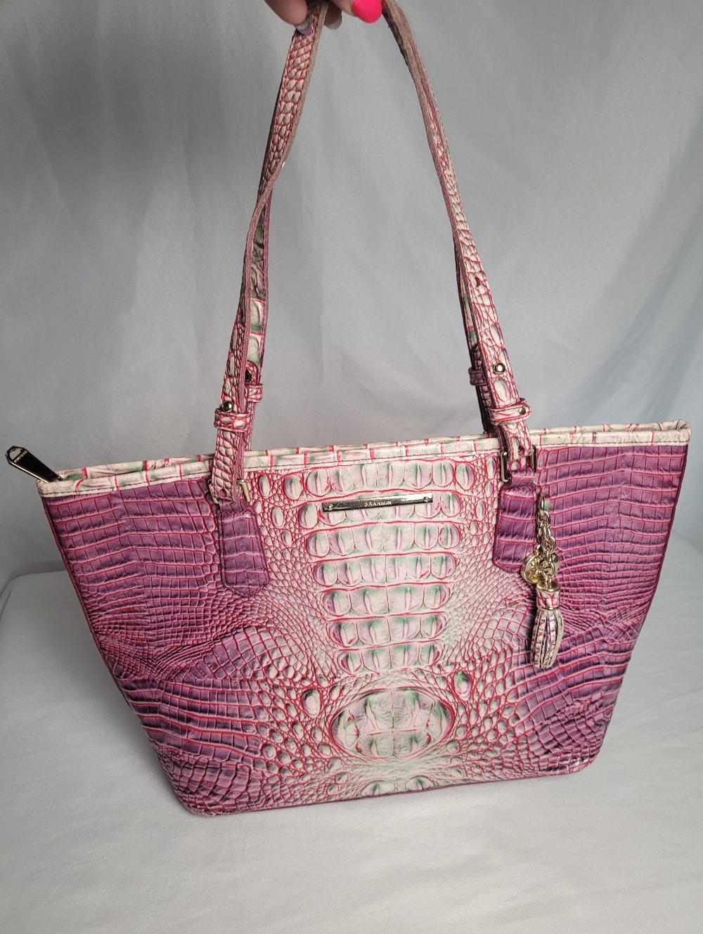 Brahmin Medium Asher Tote Shoulder Bag Pink Ombre Croc Embossed Leather